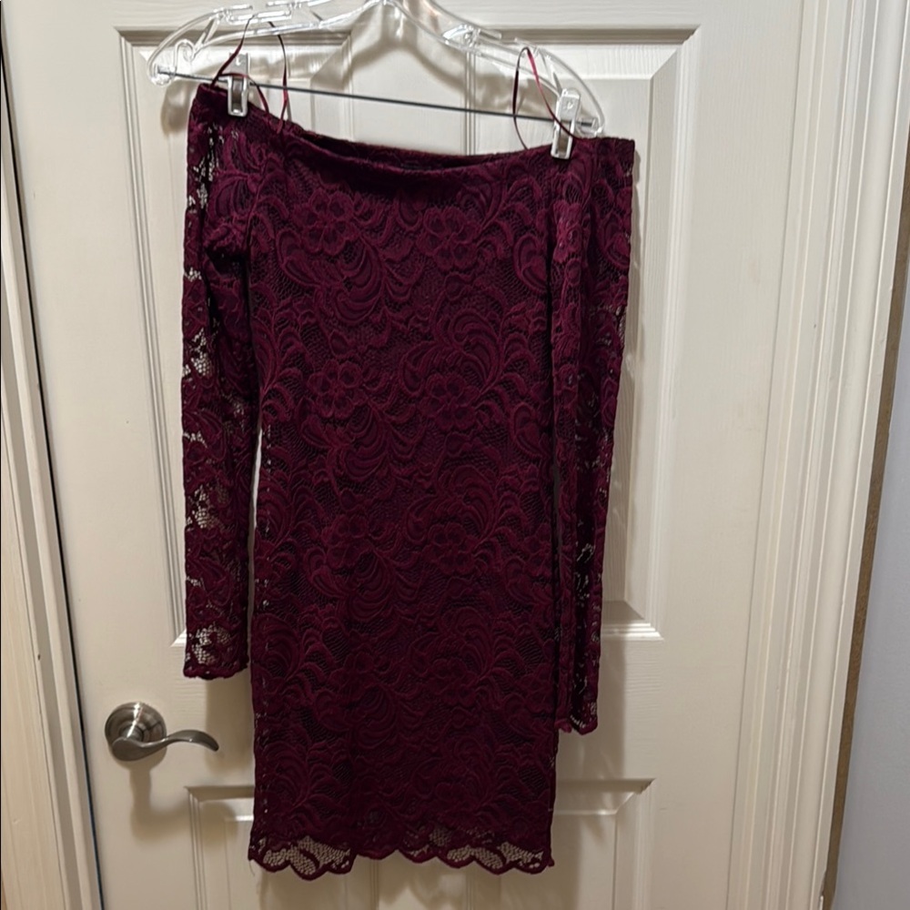 Elegant Burgundy Lace off shoulder  long sleeve Dress - small